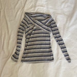 Blue and Gray Striped Long Sleeve Off the Shoulder Top